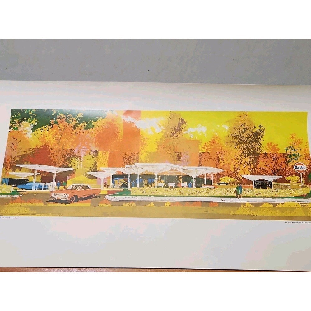 John Moodie for Gulf Oil Corp. "New Service Station" 24"x12" Lithograph Print